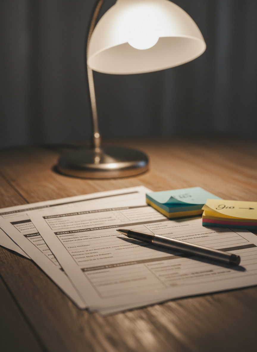 A close-up of a neatly arranged psychological toolkit on a wooden table: printed cognitive-behavioral therapy worksheets, color-coded sticky notes, a silver pen, and a softly glowing frosted-glass desk lamp in the background. The papers show tidy, partially filled-in forms with diagrams and thought records, all in legible but generic text. Warm, indirect evening light from the lamp creates a cozy yet focused atmosphere, with subtle shadows defining the textures of the paper and wood grain. Photographic realism, shallow depth of field emphasizing the worksheets and pen, while the lamp and background recede into a gentle bokeh, suggesting structured, science-based psychological support.