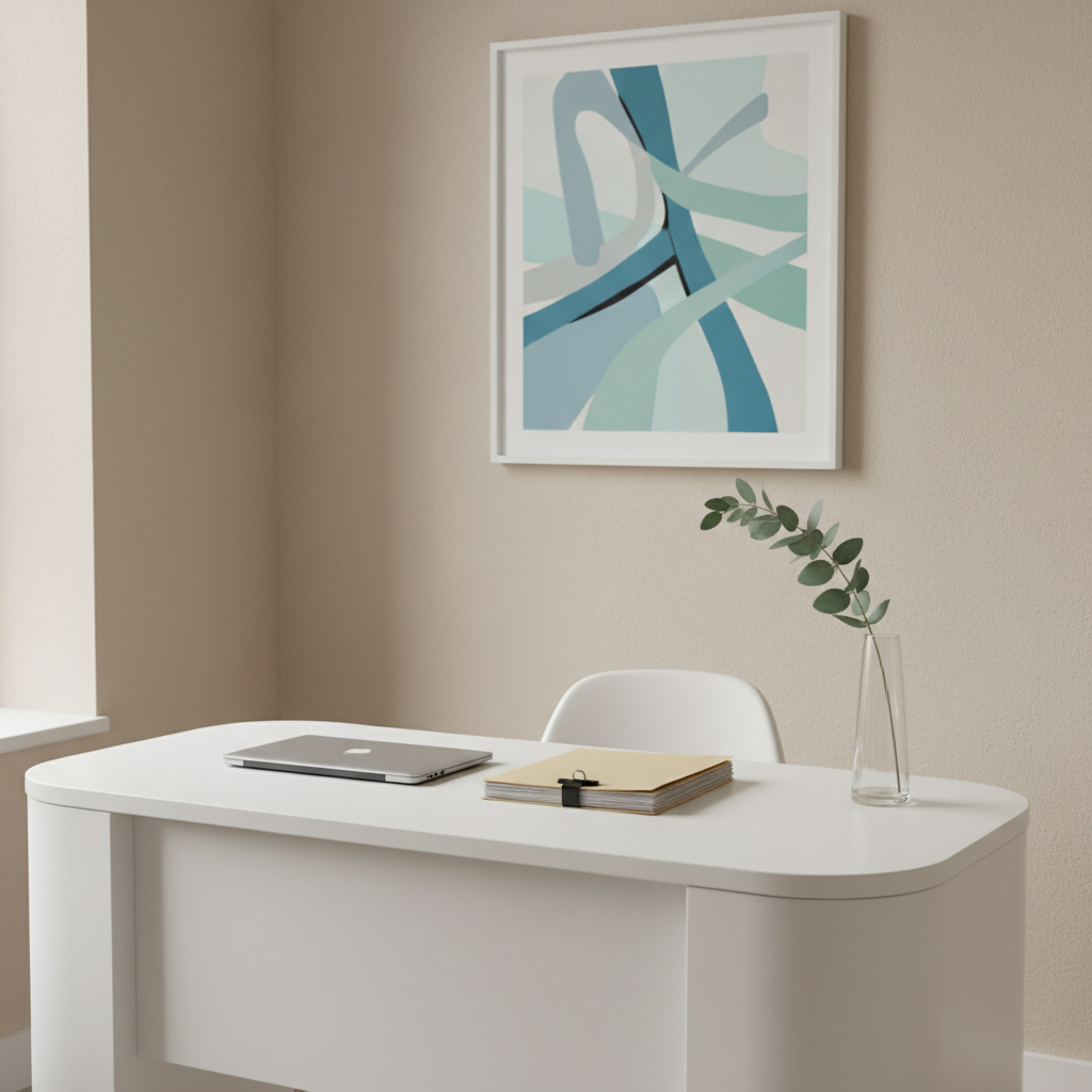 A clean, modern therapy office corner centered on a minimalist white desk with slightly rounded edges, holding a closed laptop, a small stack of organized patient files, and a sleek glass vase with a single eucalyptus branch. A framed abstract artwork in muted blues and greens hangs on the light beige wall above. Soft diffused daylight enters from an unseen window, creating gentle reflections on the desk’s smooth surface. The mood is orderly, evidence-based, and reassuring. Photographic realism, captured from a slightly elevated three-quarter angle, with balanced composition and sharp focus throughout, conveying professionalism and scientific grounding in psychological care.